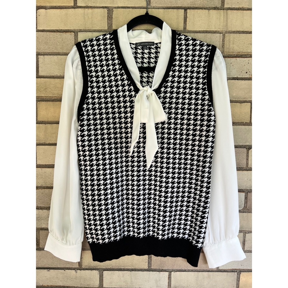 Adrianna Papell Black White Houndstooth Tie Neck Layered Top Sweater Size Small